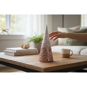 Holiday Style Cone Tree Sequin Rose Gold White Ombre Tabletop Decor 12 Inch